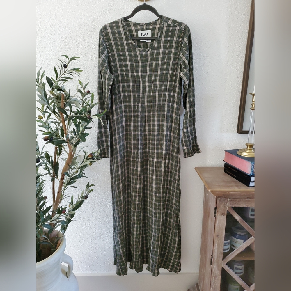 Flax Olive Green Plaid 90s grunge Maxi Dress